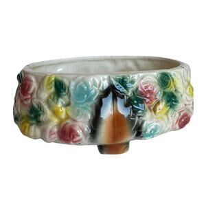 Vintage Footed Planter, Floral Design Small Vase, Trinket Dish